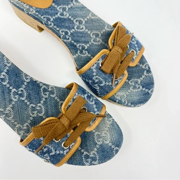 Gucci Vintage 90s Y2K Interlocking GG Logo Sandals Slides Heels Denim Blue 38 8 - Picture 3 of 11